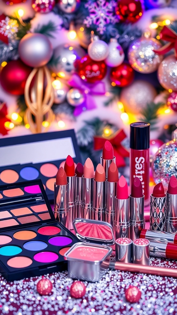 Festive makeup products displayed with Christmas decorations.
